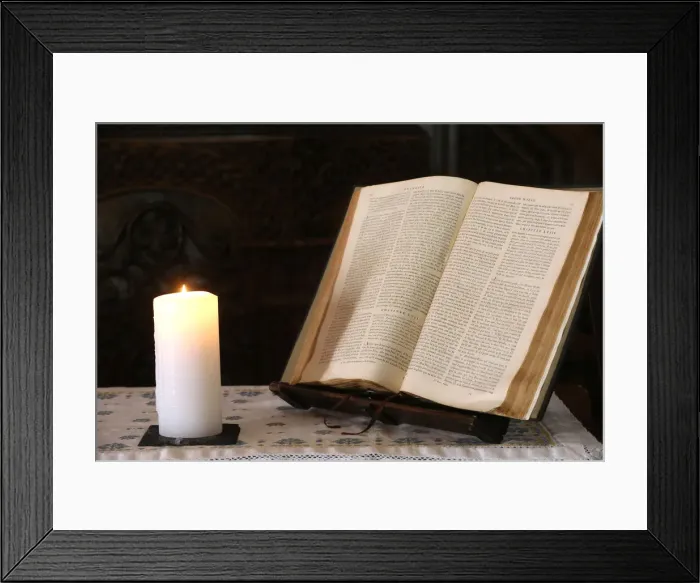 Framed Print : Old Bible and church candle, Carouge Protestant temple, Geneva, Switzerland, Europe Framed Print : Old Bible and church candle, Carouge Protestant temple, Geneva, Switzerland, Europe