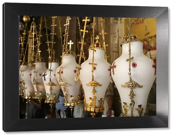 Lamps over the Stone of the Anointing, Church of the Holy Sepulchre, Jerusalem, Israel