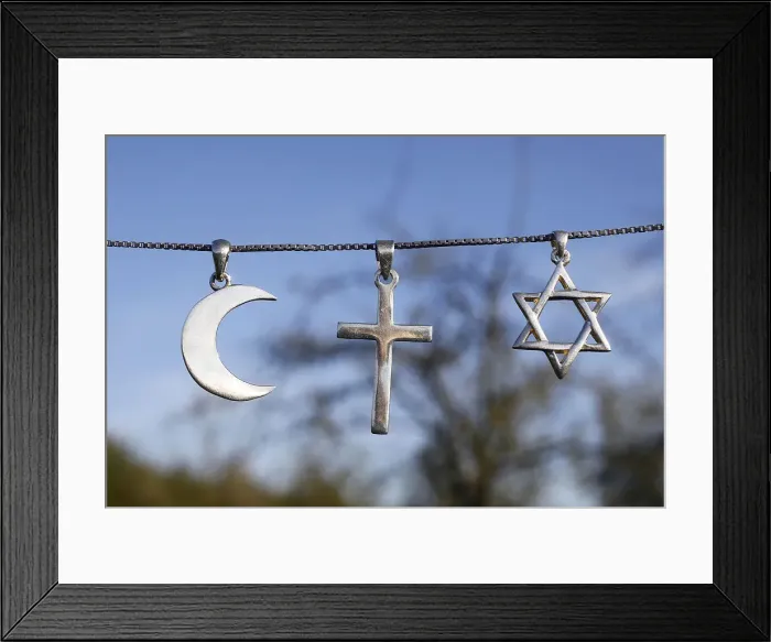 Framed Print : Symbols of Islam, Christianity and Judaism, Eure, France, Europe Framed Print : Symbols of Islam, Christianity and Judaism, Eure, France, Europe