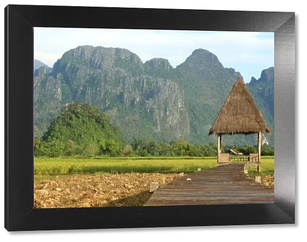 Rice fields with stunning mountain backdrop, Laos, Indochina, Southeast Asia, Asia
