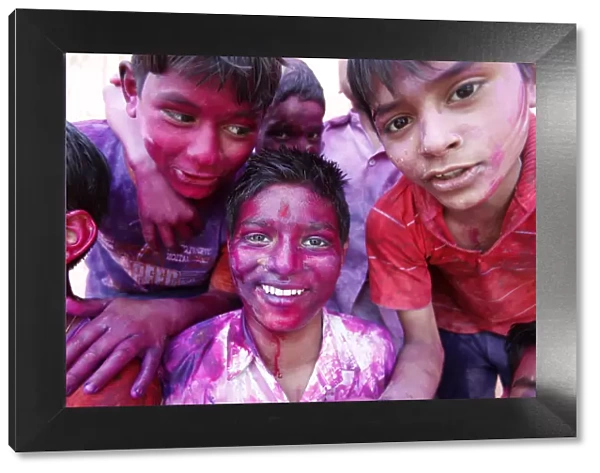 Children at Holi celebration in Goverdan, Uttar Pradesh, India, Asia
