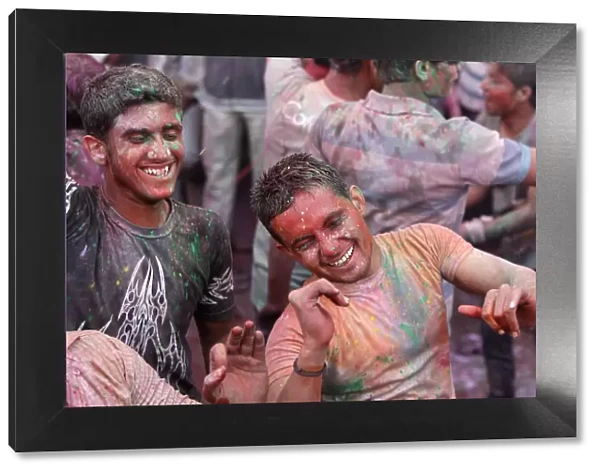 Men celebrating Holi festival, Barsana, Uttar Pradesh, India, Asia