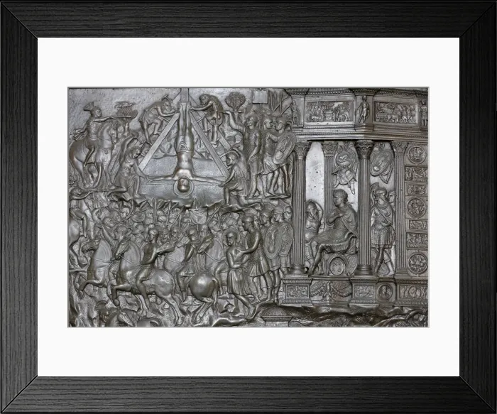 Framed Print : Detail of a portal of the Crucifixion of St. Peter, front entrance door of St Framed Print : Detail of a portal of the Crucifixion of St. Peter, front entrance door of St