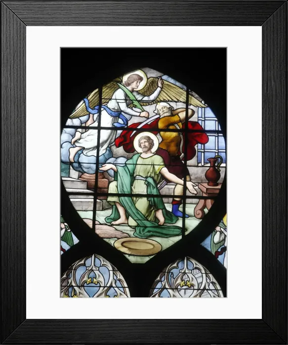 Framed Print : Depiction of the Martyrdom of St. John the Baptist in stained glass in Saint Severin Framed Print : Depiction of the Martyrdom of St. John the Baptist in stained glass in Saint Severin
