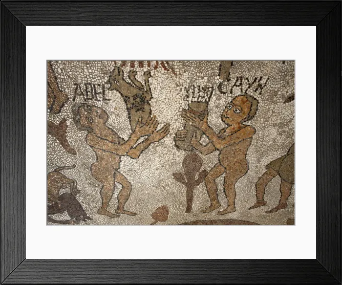 Framed Print : Mosaic of Abel and Cain offering presents to God on the floor of the central nave Framed Print : Mosaic of Abel and Cain offering presents to God on the floor of the central nave
