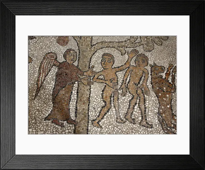 Framed Print : Mosaic of Adam and Eve after the fall, on the floor of the central nave Framed Print : Mosaic of Adam and Eve after the fall, on the floor of the central nave