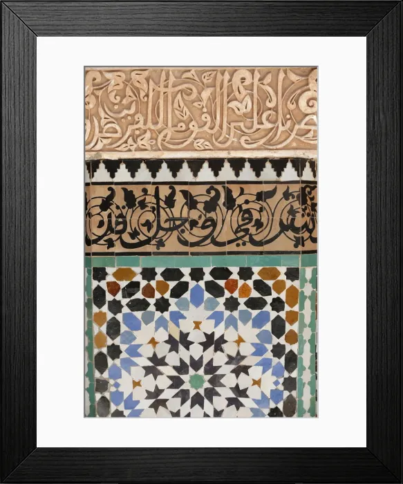 Framed Print : Detail of calligraphy and zellij in the patio, Ben Youssef Meders