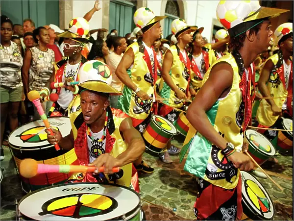 Drum band Olodum performing in Pelourinho during carnival, Bahia, Brazil, South America