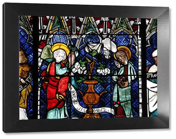 Stained glass window dating from the 14th century depicting the Announcement made to Mary