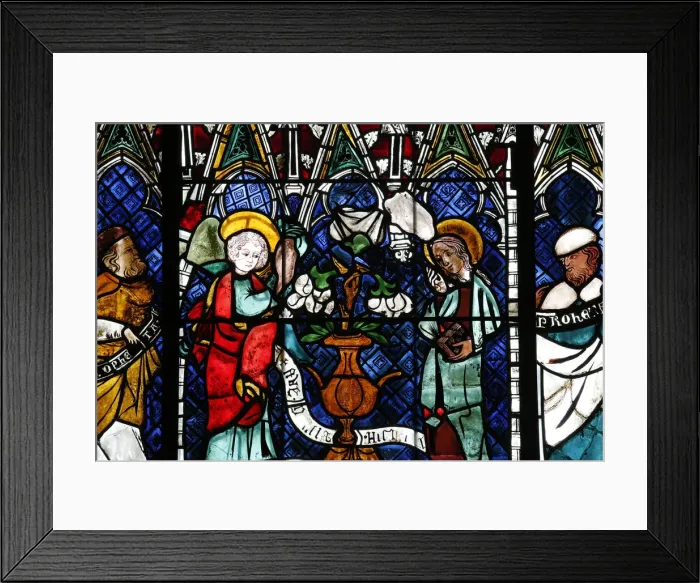 Framed Print : Stained glass window dating from the 14th century depicting the Announcement made to Mary Framed Print : Stained glass window dating from the 14th century depicting the Announcement made to Mary