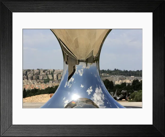 Framed Print : Turning the world upside down by Anish Kapoor, a newly-installed sculpture reflecting Framed Print : Turning the world upside down by Anish Kapoor, a newly-installed sculpture reflecting