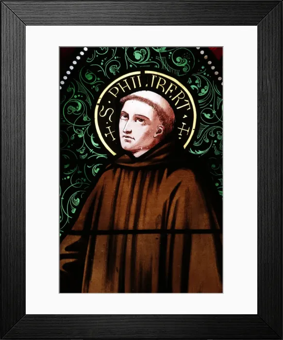 Framed Print : St. Philibert in stained glass window, Shrine of Our Lady of la Salette Framed Print : St. Philibert in stained glass window, Shrine of Our Lady of la Salette