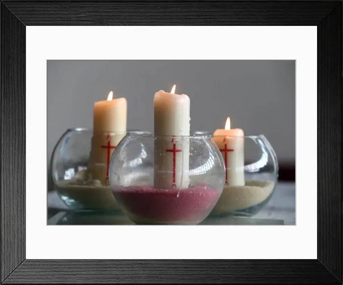 Framed Print : Three church candles in sand, Bussy-Saint-Georges, Seine-et-Marne, France, Europe