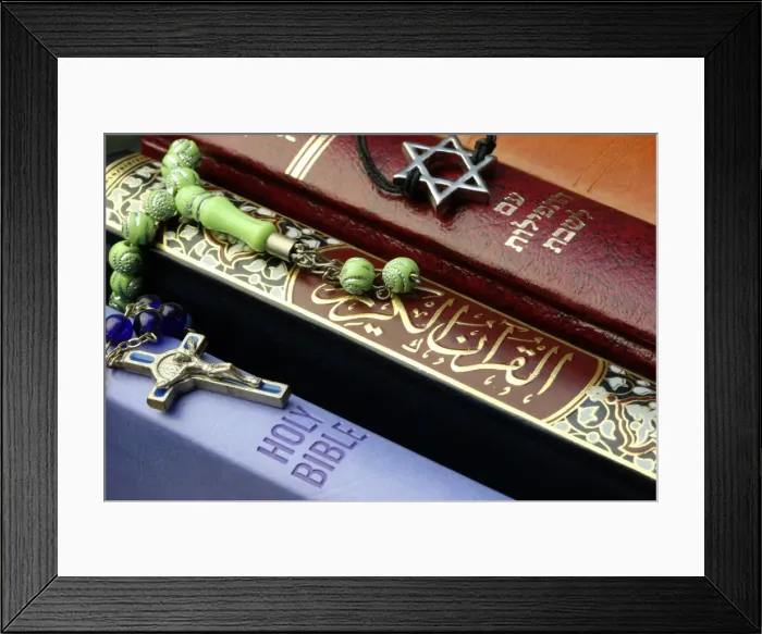 Framed Print : Bibles and Quran, interfaith symbols of Christianity, Islam and Judaism
