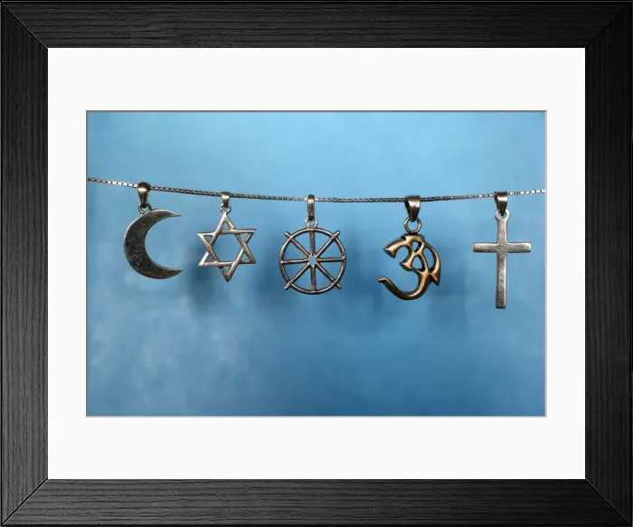 Framed Print : Symbols of Islam, Judaism, Buddhism, Hinduism and Christianity, Eure, France, Europe Framed Print : Symbols of Islam, Judaism, Buddhism, Hinduism and Christianity, Eure, France, Europe