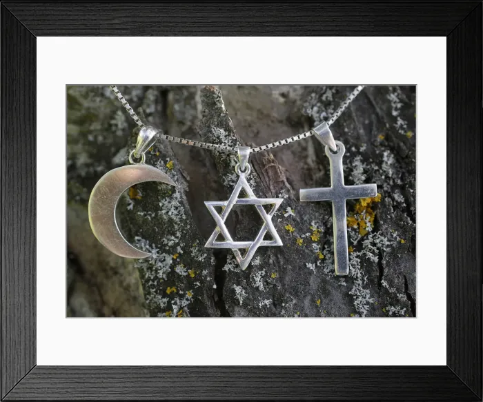 Framed Print : Symbols of Islam, Judaism and Christianity, Eure, France, Europe Framed Print : Symbols of Islam, Judaism and Christianity, Eure, France, Europe