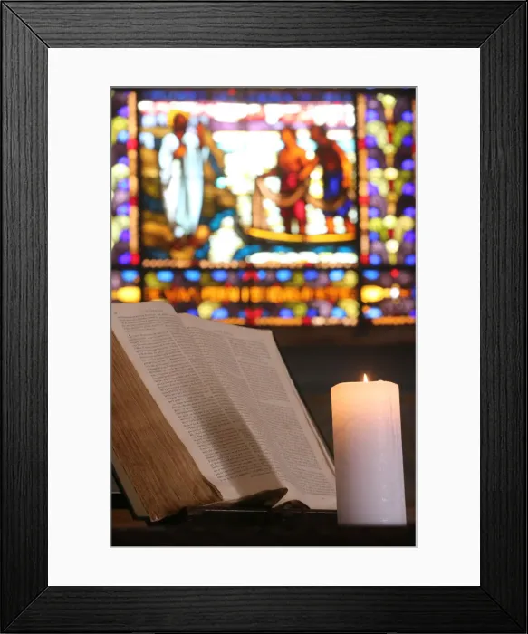 Framed Print : Old Bible and church candle, Carouge Protestant temple, Geneva, Switzerland, Europe Framed Print : Old Bible and church candle, Carouge Protestant temple, Geneva, Switzerland, Europe