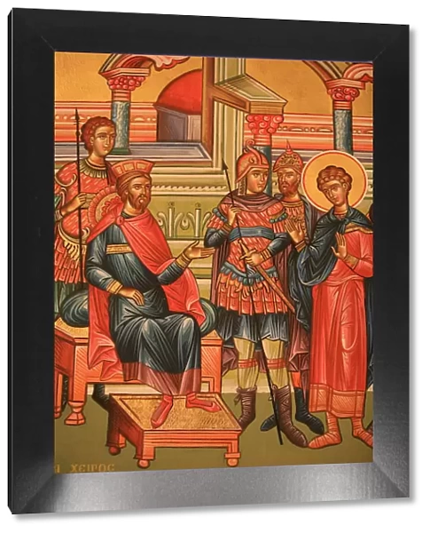 Greek Orthodox icon depicting a martyr with a Roman governor, Thessaloniki, Macedonia