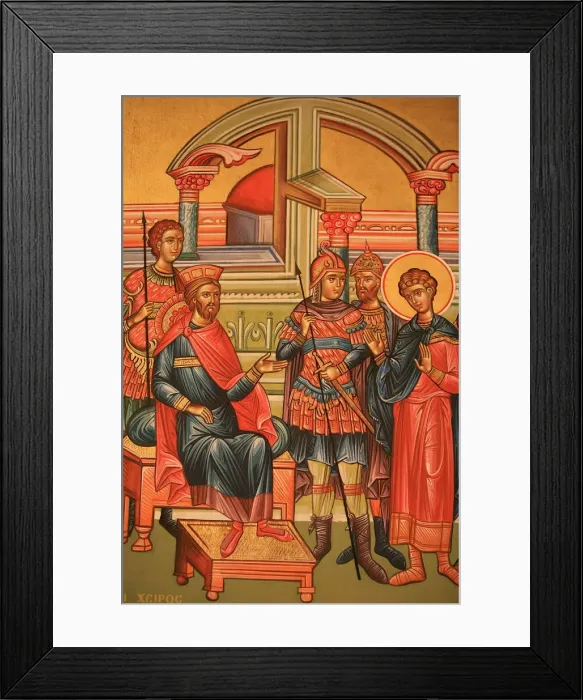 Framed Print : Greek Orthodox icon depicting a martyr with a Roman governor, Thessaloniki, Macedonia Framed Print : Greek Orthodox icon depicting a martyr with a Roman governor, Thessaloniki, Macedonia