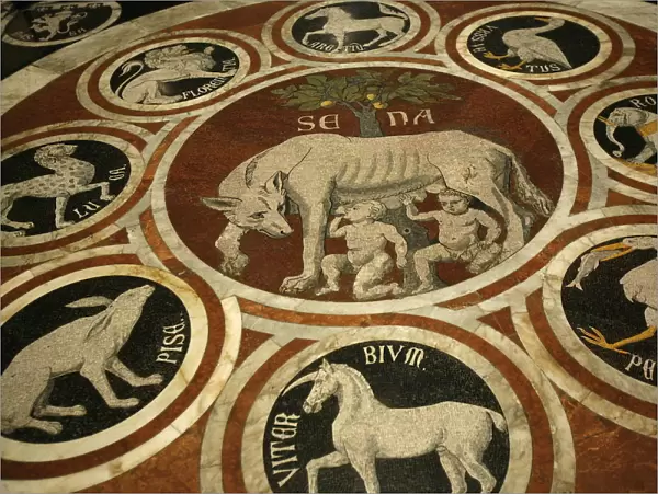 Romulus and Remus in marble work in the Duomo di Sienna, Siena, Tuscany, Italy, Europe