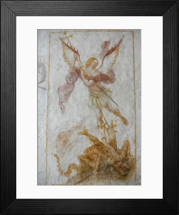 Framed Print : A 15th century fresco depicting St. Michael slaying a dragon, La Ferte Loupiere, Yonne Framed Print : A 15th century fresco depicting St. Michael slaying a dragon, La Ferte Loupiere, Yonne