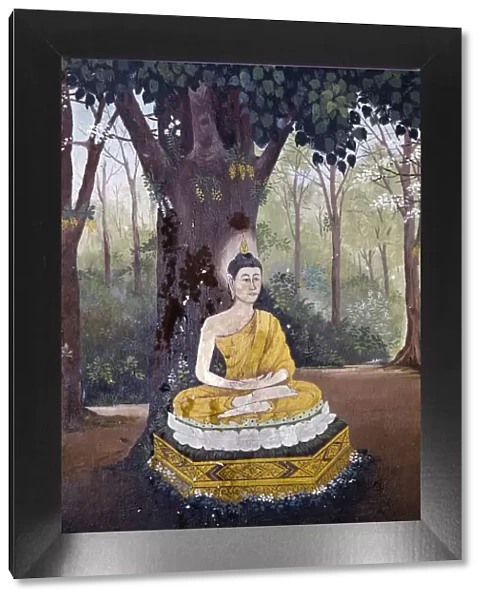 Fresco depicting Buddha meditating under a tree in a scene of the Buddha