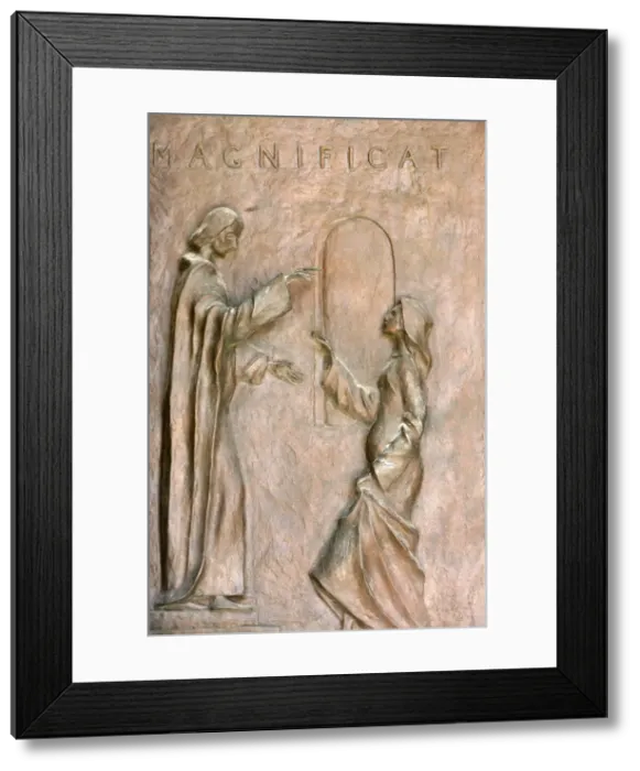 Framed Print : Sculpture depicting the Visitation with Mary and Elizabeth on the door of Framed Print : Sculpture depicting the Visitation with Mary and Elizabeth on the door of
