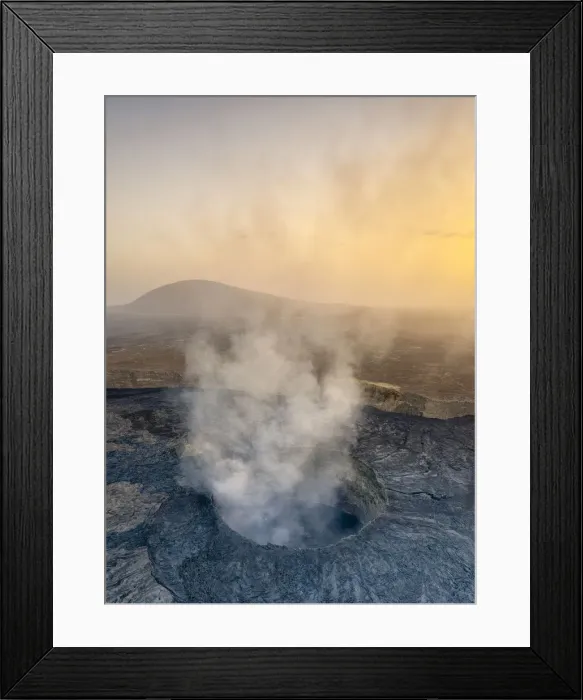 Framed Print : Panoramic aerial view of sunset over the active Erta Ale volcano crater Framed Print : Panoramic aerial view of sunset over the active Erta Ale volcano crater