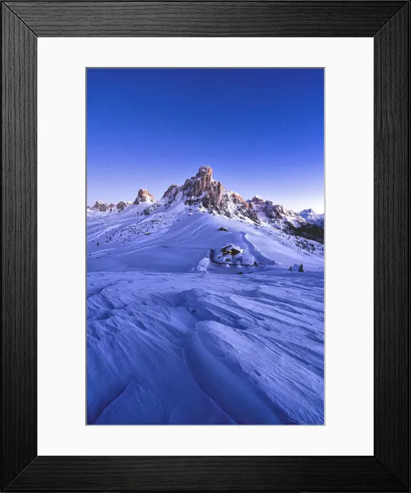 Framed Print : Starry sky at dusk on Ra Gusela mountain surrounded by fresh snow, Giau Pass, Dolomites Framed Print : Starry sky at dusk on Ra Gusela mountain surrounded by fresh snow, Giau Pass, Dolomites