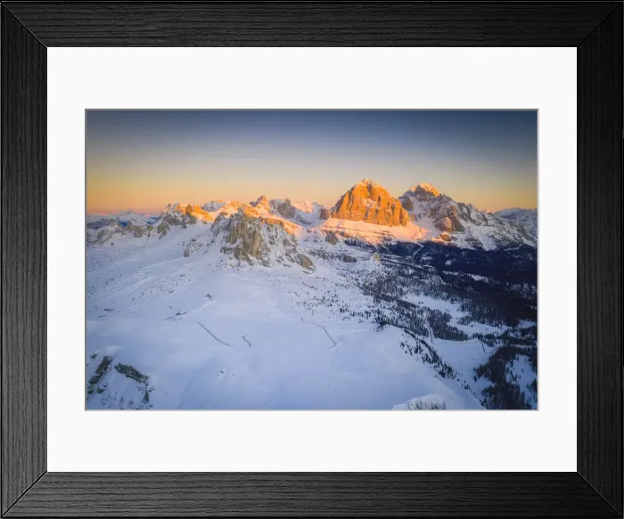 Framed Print : View by drone of Giau Pass, Ra Gusela, Nuvolau, Averau and Tofane at sunrise in winter Framed Print : View by drone of Giau Pass, Ra Gusela, Nuvolau, Averau and Tofane at sunrise in winter