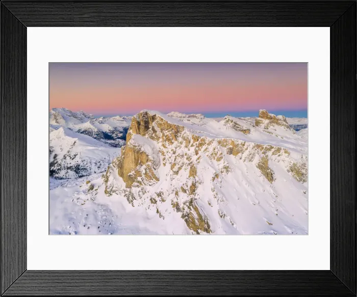 Framed Print : View by drone of pink sky at sunrise on Ra Gusela, Nuvolau, Averau Framed Print : View by drone of pink sky at sunrise on Ra Gusela, Nuvolau, Averau