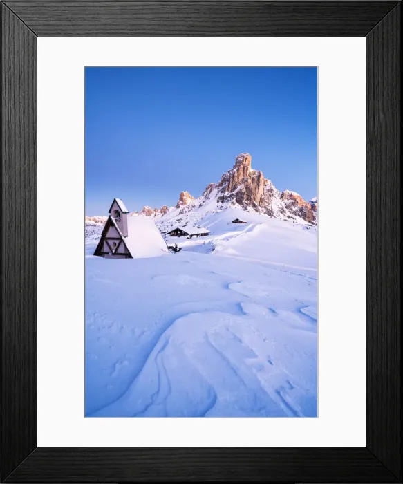 Framed Print : Dusk on the alpine chalet covered with snow with Ra Gusela in background, Giau Pass Framed Print : Dusk on the alpine chalet covered with snow with Ra Gusela in background, Giau Pass