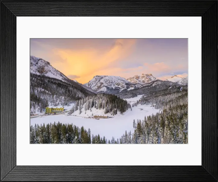 Framed Print : View by drone of sunset over Monte Piana and woods covered with snow, Misurina, Dolomites