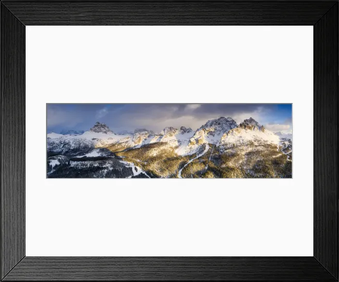 Framed Print : Panoramic by drone of Cadini di Misurina peaks and Tre Cime di Lavaredo at sunset Framed Print : Panoramic by drone of Cadini di Misurina peaks and Tre Cime di Lavaredo at sunset