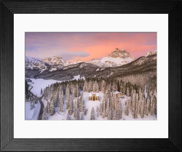 Framed Print : Tre Cime di Lavaredo and woods covered with snow during a winter sunset, Misurina Framed Print : Tre Cime di Lavaredo and woods covered with snow during a winter sunset, Misurina