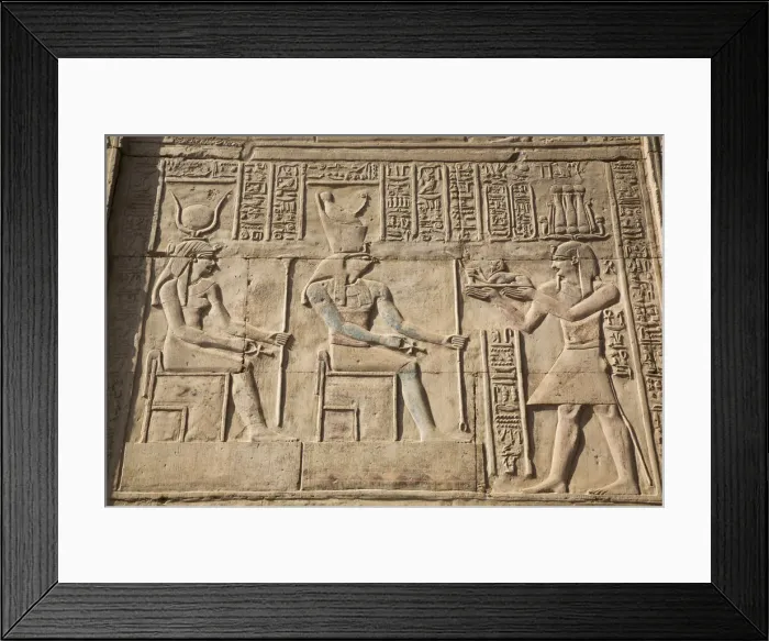 Framed Print : Gods Hathor on left and Haroeris in centre with Pharaoh on the right, Wall Reliefs Framed Print : Gods Hathor on left and Haroeris in centre with Pharaoh on the right, Wall Reliefs