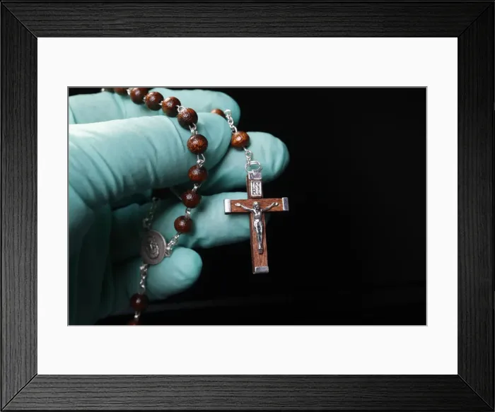 Framed Print : Coronavirus (COVID-19) epidemic, Christian praying rosary beads with protecting glove Framed Print : Coronavirus (COVID-19) epidemic, Christian praying rosary beads with protecting glove