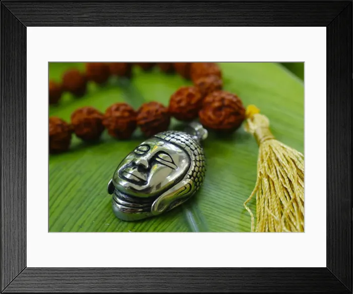 Framed Print : Silver Buddha medallion and prayer beads (mala) on a green leaf, Kep, Cambodia, Indochina Framed Print : Silver Buddha medallion and prayer beads (mala) on a green leaf, Kep, Cambodia, Indochina