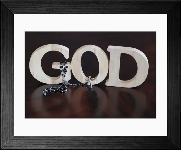Framed Print : Wooden letters forming the word GOD and Rosary, Christian symbol, Vietnam, Indochina Framed Print : Wooden letters forming the word GOD and Rosary, Christian symbol, Vietnam, Indochina