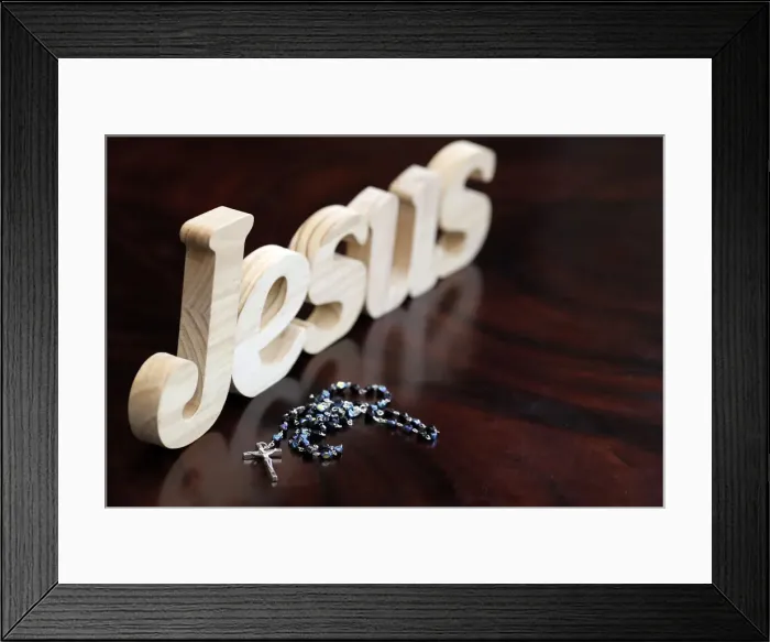 Framed Print : Wooden letters forming the word JESUS and Rosary, Christian symbol, Vietnam, Indochina Framed Print : Wooden letters forming the word JESUS and Rosary, Christian symbol, Vietnam, Indochina