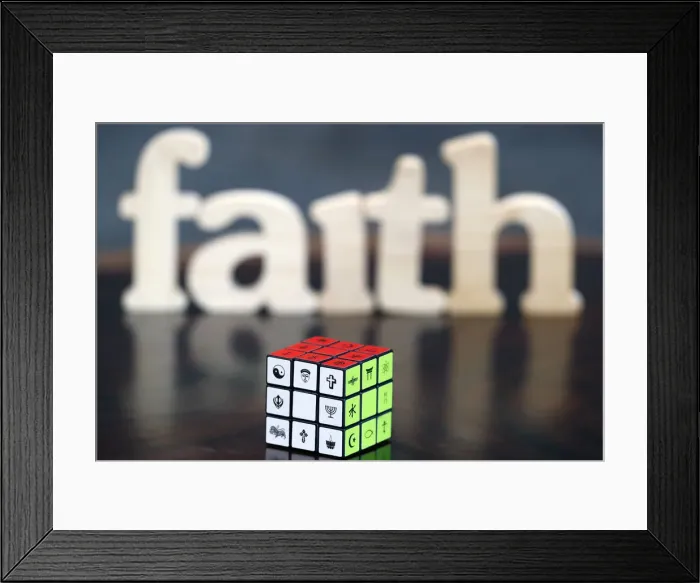 Framed Print : Wooden letters forming the word FAITH and Rubiks cube with religious symbols Framed Print : Wooden letters forming the word FAITH and Rubiks cube with religious symbols