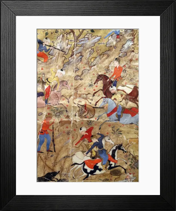Framed Print : Artistic ornamentation of manuscript of Princes hunting on horseback, Safavid Iran Framed Print : Artistic ornamentation of manuscript of Princes hunting on horseback, Safavid Iran