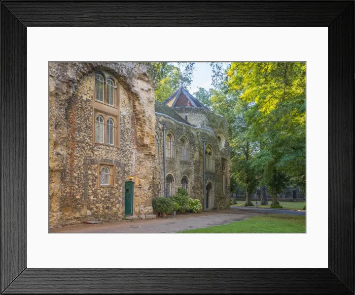 Framed Print : Houses built into the west front of the ruined Abbey Church, Bury St Framed Print : Houses built into the west front of the ruined Abbey Church, Bury St