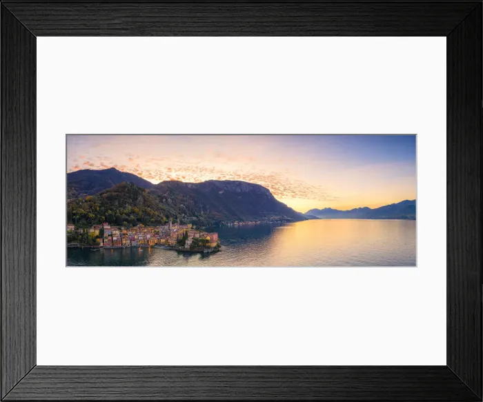 Framed Print : Panoramic aerial view of Varenna and Lake Como at sunrise, Lecco province, Lombardy Framed Print : Panoramic aerial view of Varenna and Lake Como at sunrise, Lecco province, Lombardy