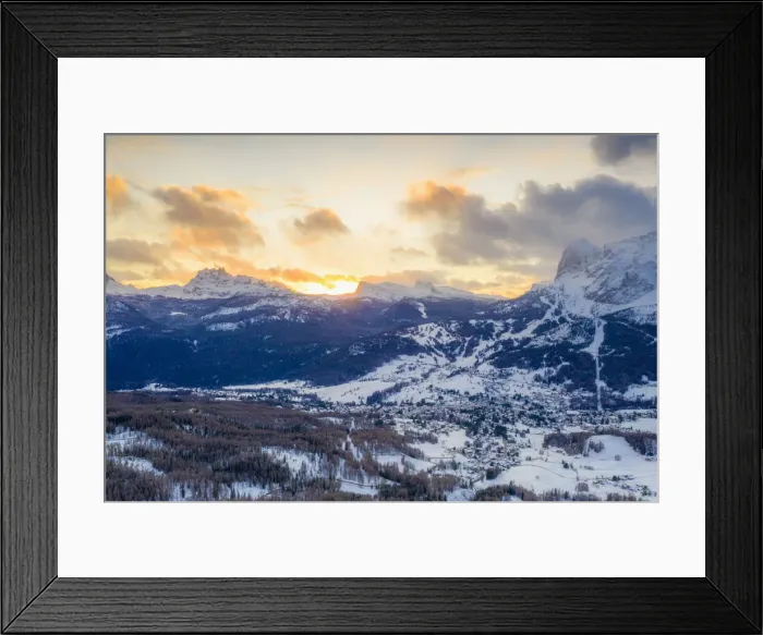 Framed Print : Aerial view of sunrise over Cortina d Ampezzo in the snowy landscape, Dolomites Framed Print : Aerial view of sunrise over Cortina d Ampezzo in the snowy landscape, Dolomites