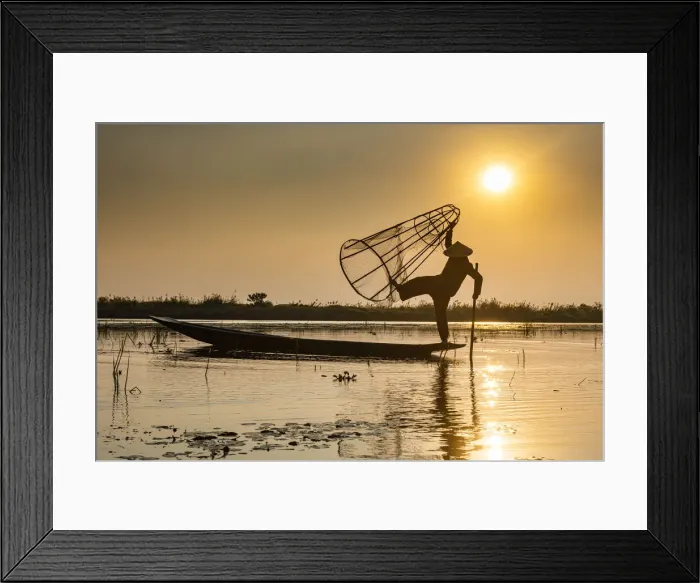 Framed Print : Fisherman at Inle Lake with traditional Intha conical net at sunset, fishing net Framed Print : Fisherman at Inle Lake with traditional Intha conical net at sunset, fishing net