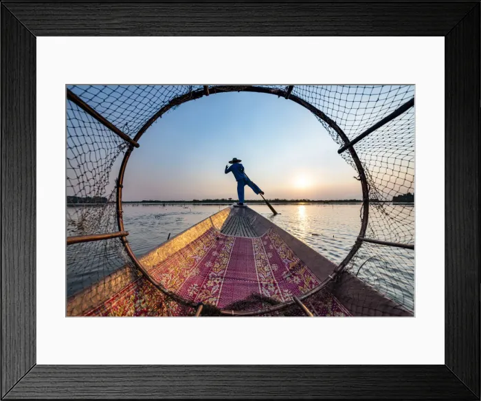 Framed Print : Fisherman at Inle Lake with traditional Intha conical net at sunset, fishing net Framed Print : Fisherman at Inle Lake with traditional Intha conical net at sunset, fishing net