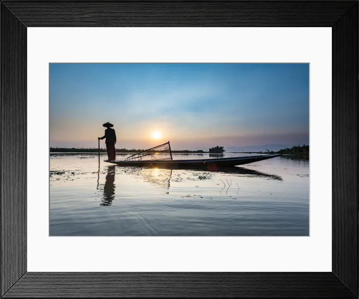Framed Print : Fisherman at Inle Lake with traditional Intha conical net at sunset, fishing net Framed Print : Fisherman at Inle Lake with traditional Intha conical net at sunset, fishing net