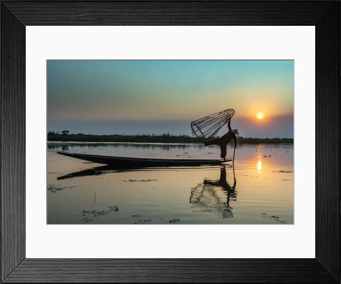 Framed Print : Fisherman at Inle Lake with traditional Intha conical net at sunset, fishing net Framed Print : Fisherman at Inle Lake with traditional Intha conical net at sunset, fishing net