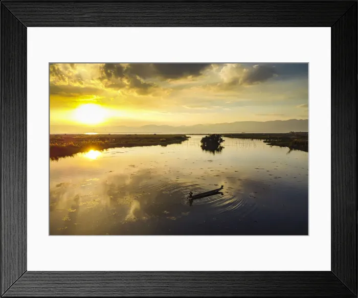 Framed Print : View by drone of rowing boat at sunset, Inle Lake, Shan state, Myanmar (Burma), Asia Framed Print : View by drone of rowing boat at sunset, Inle Lake, Shan state, Myanmar (Burma), Asia